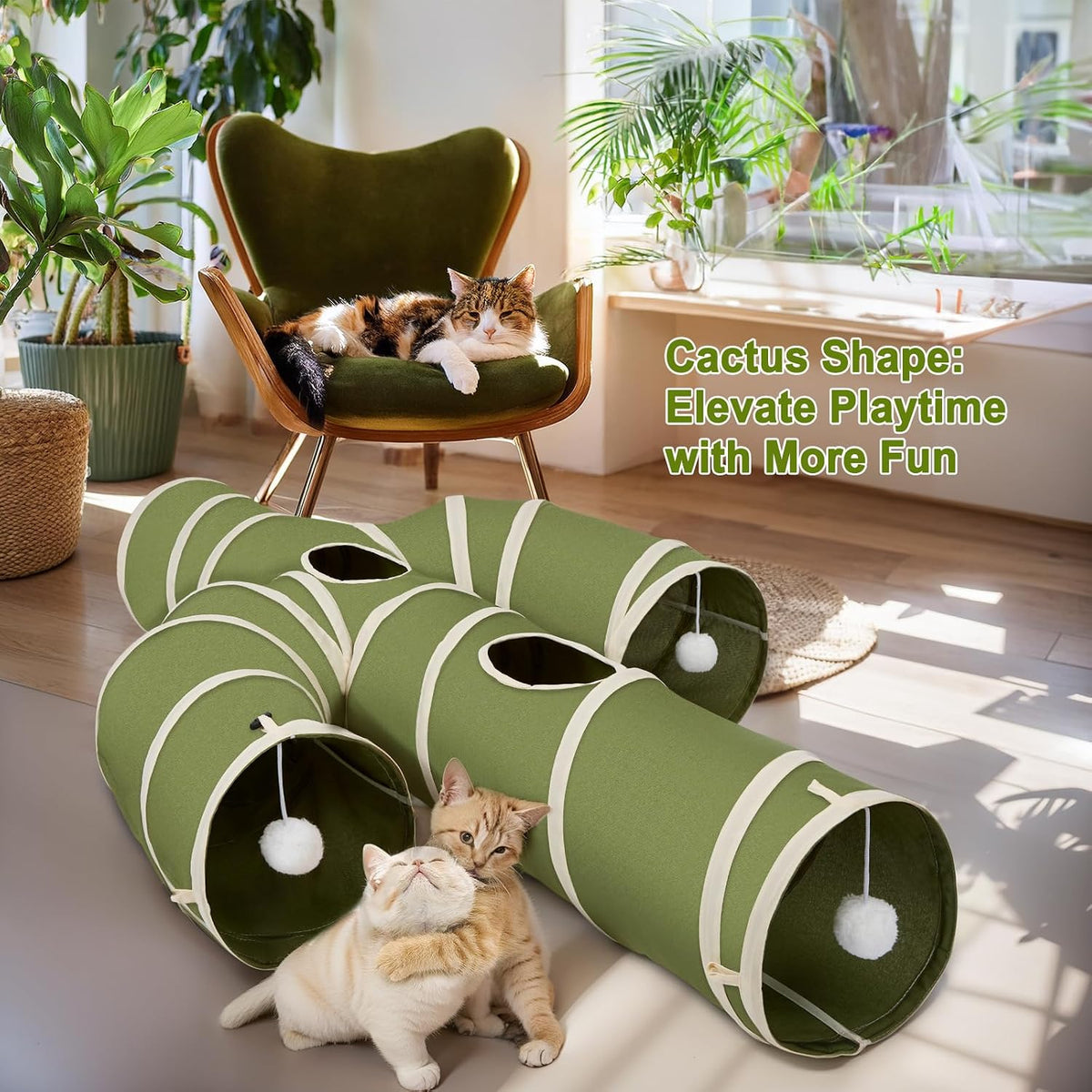 Ownpets Cactus Cat Tunnel 12" with Peek Holes for Indoor Large Cat - Cactus Shape Green / 10 Inches in Diameter - image 3