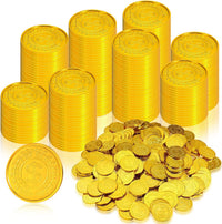 Hanaive plastic pirate gold coins in a pile, 1.38 inch coins with dollar sign design - view 3
