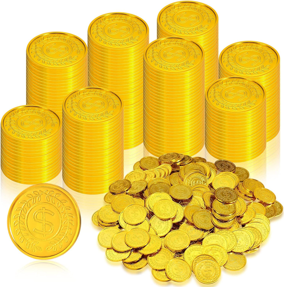 Hanaive plastic pirate gold coins in a pile, 1.38 inch coins with dollar sign design - view 3