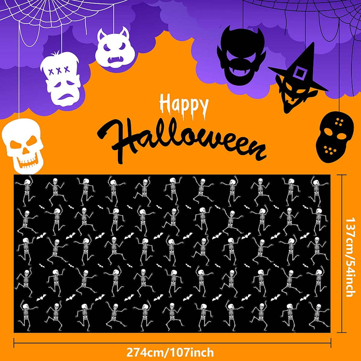 Iceyyyy Halloween skeleton tablecloth, black plastic table cover with skeleton print - view 13