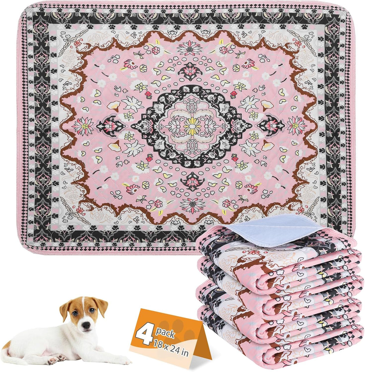 Washable Pee Pads for Dogs, Nonslip and Leak-Proof Dog Pee Pads - Retro Pink / 18" x 24" (4 Pack)