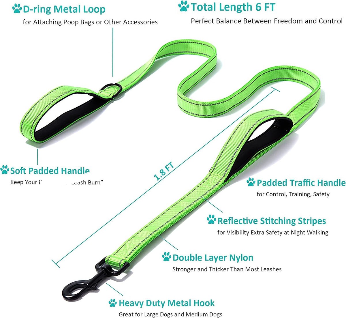 Heavy Duty Dog Leash - 2 Handles by Padded Traffic Handle for Extra Control, 6foot Long - Perfect - 6 ft / Bright Green - image 2