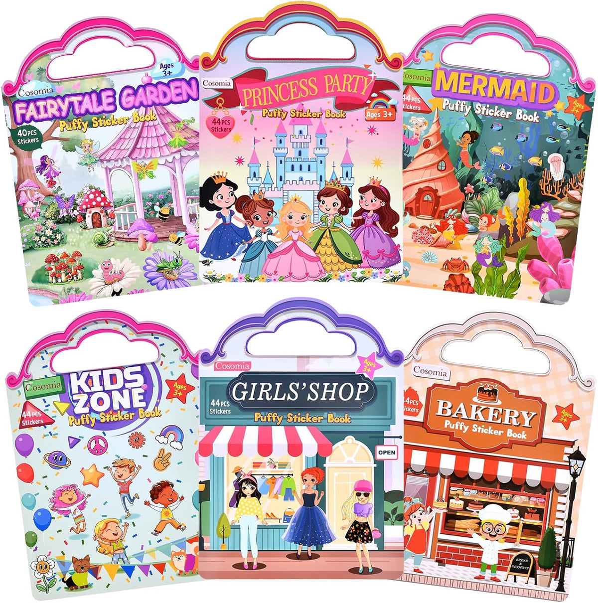 Cosomia 6 reusable puffy sticker books with princess, mermaid and garden themes