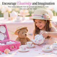 Giggle & Honey white floral tea party set for girls with porcelain teapot, cups and carrying case - view 14