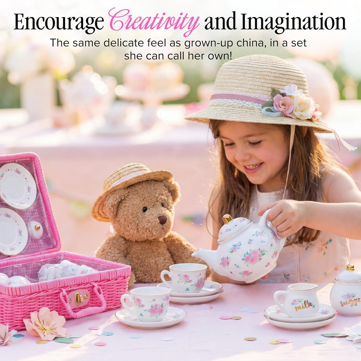 Giggle & Honey white floral tea party set for girls with porcelain teapot, cups and carrying case - view 14
