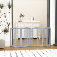 Freestanding Wooden Pet Gate - Foldable Indoor Dog Gate, 80 Inch Wide, 4 Panels, Grey