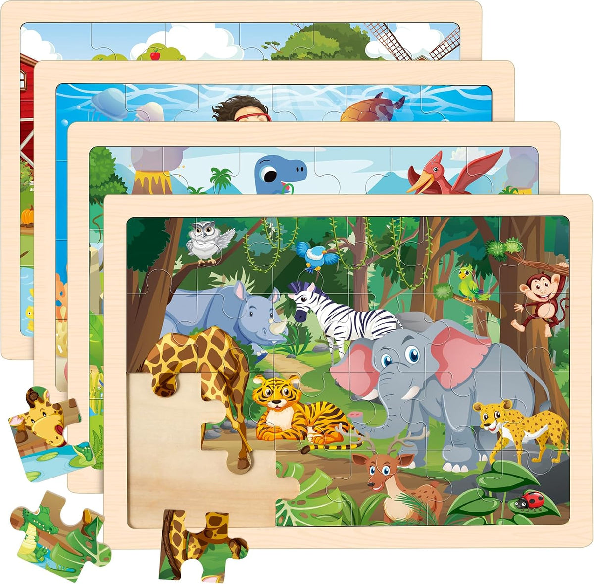 LACCHOUFEE 4-pack wooden puzzles for kids ages 3 to 5
