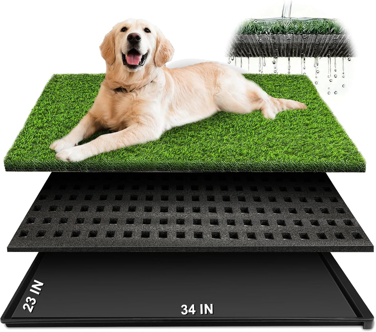 Dog Grass Pad with Tray, 23''X17'' Small Artificial Turf Grass Potty, Reusable Puppy Pee Pads - 34''×23'' (3-Layer Potty System)