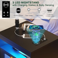 HNEBC Nightstand with Wireless Charging Station, LED Nightstand Has Adjustable Rotary Workstation,Smart Night Stand with 2 Drawers,Modern Bedside Table for Bedroom, Sensor Light/Wheel (Black)