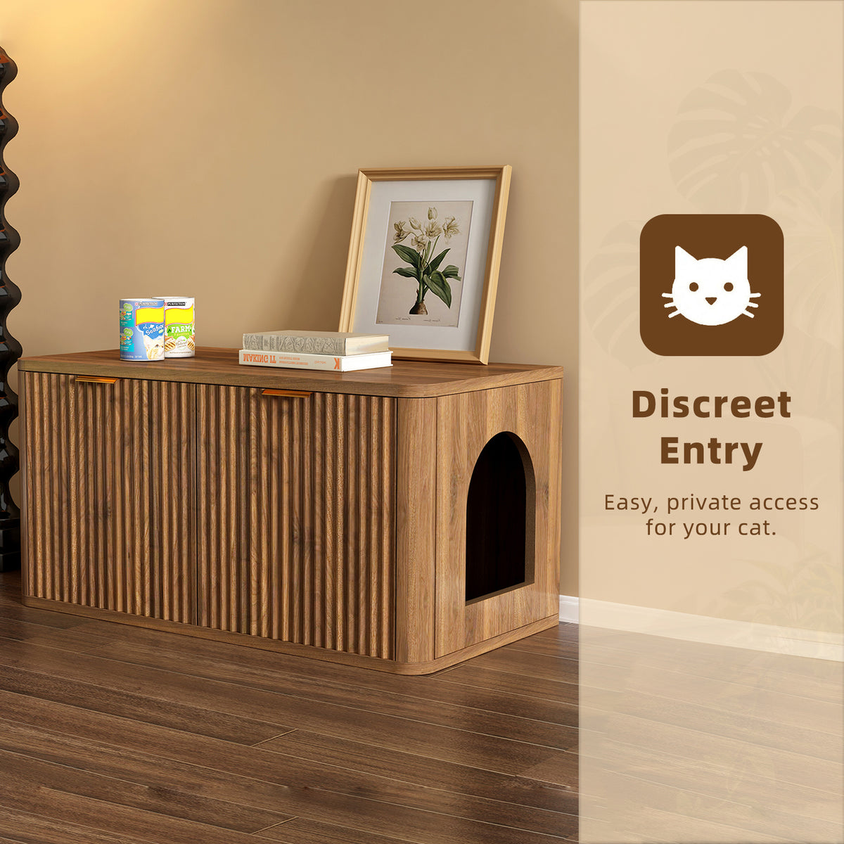 31.5" Walnut Cat Litter Box Enclosure Furniture, Large Decorative Hidden Litter Box Cabinet, Fluted Mid Century Modern K