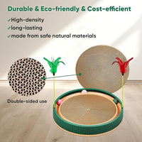 20-Inch Round Cat Scratcher with Ball Track – 3-in-1 Cardboard Scratching Pad with Feather Toy & Non-Slip Base – Interactive Cat Toy for Indoor Cats, Kittens & Large Cats (Green)