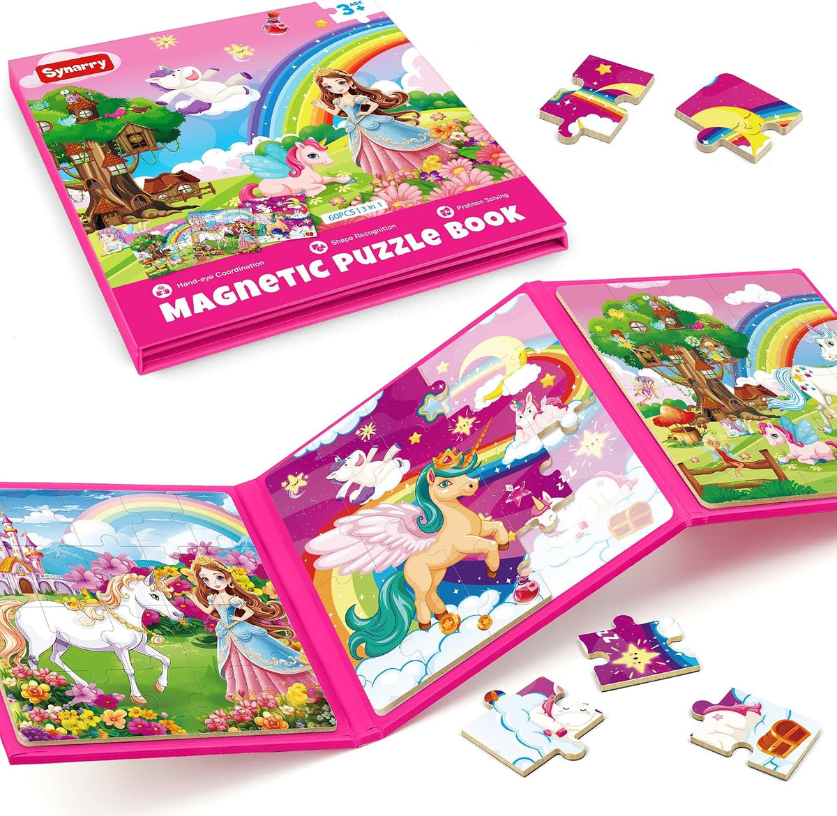 SYNARRY magnetic dinosaur puzzle book with three colorful dinosaur scenes