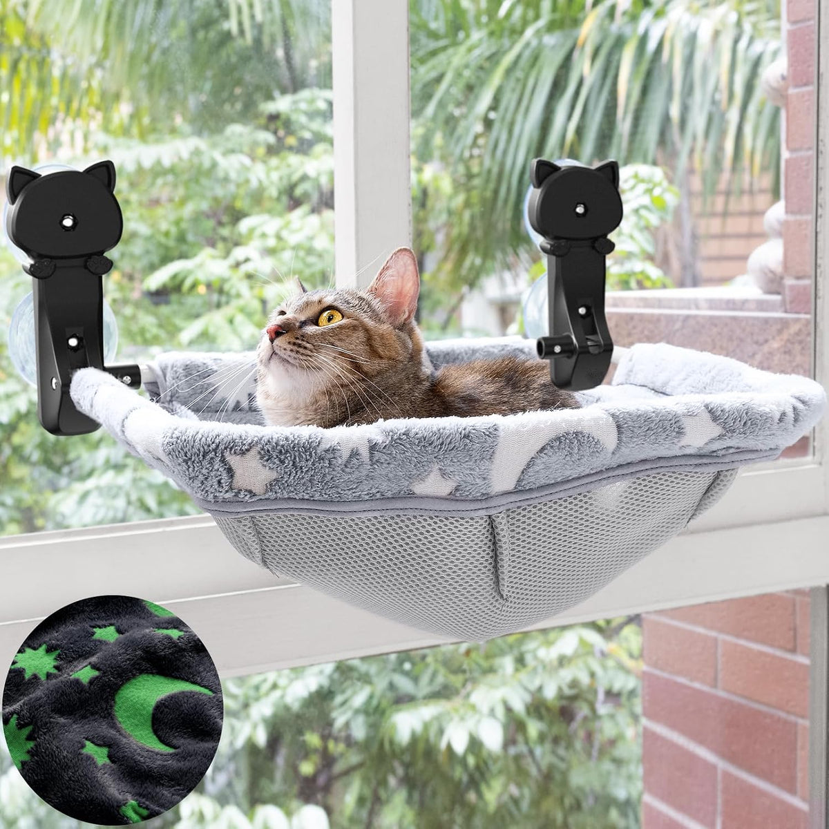 Cat Window Perch Cordless, Foldable & Stable Cat Beds - Faux Rabbit Fur-Large / Grey