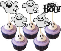 Ephlyn 24 white glitter ghost cupcake toppers for Halloween desserts - view 4