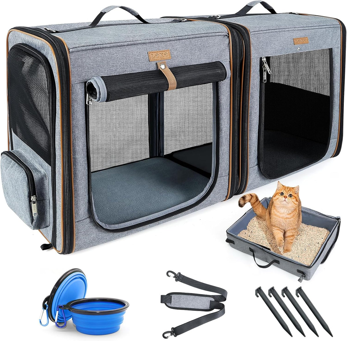 Lekereise Large Cat Carrier for 2 Cats - Grey / L-2 Cats Travel