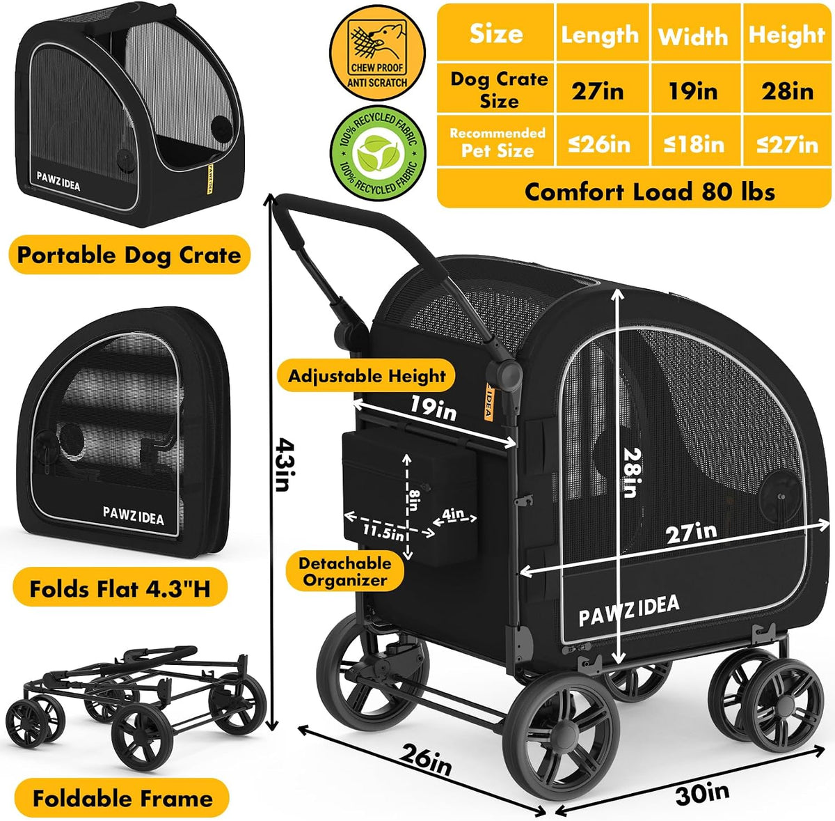 PAWZIDEA 3-in-1 Large Dog Stroller with Detachable Carrier - Black Warrior - image 2