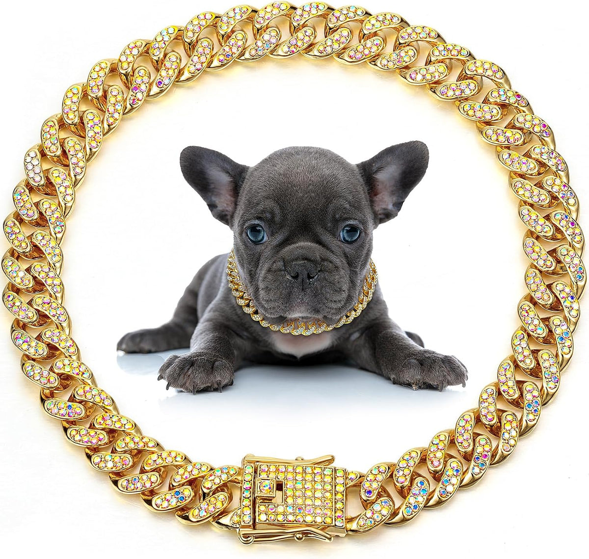 LEIFIDE Cuban Link Dog Collar Chain 12mm, Rose Gold, Pink - 12 Inches / Gold, AB Color