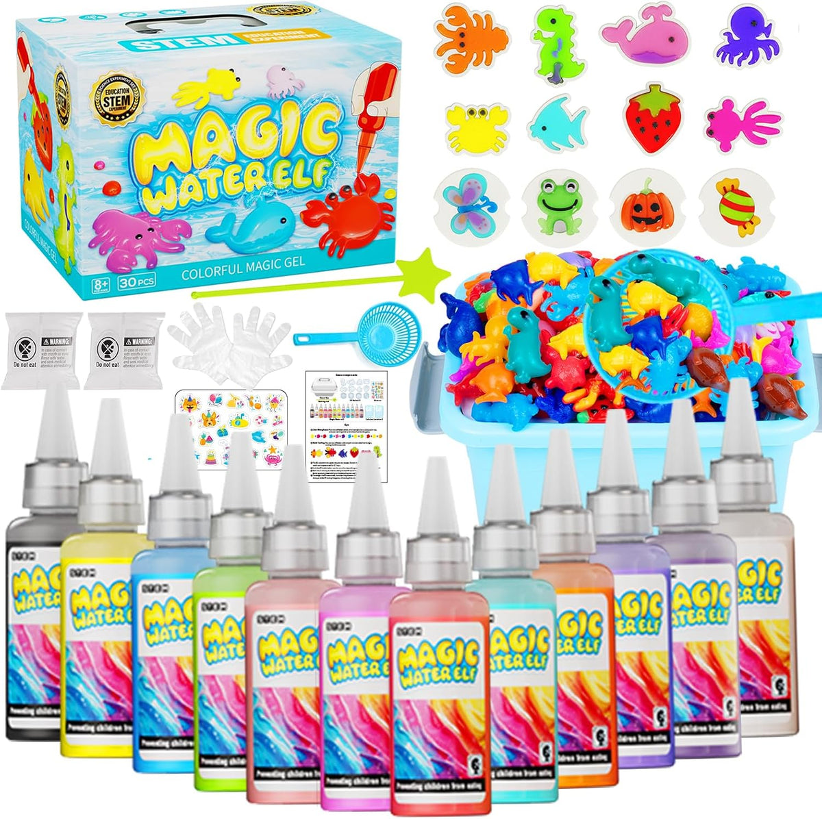 Magic Water Toy Elf Kit,DIY Squishy Water Pets with 12 Gels & 12 Molds – Fun for Kids & Family - Blue