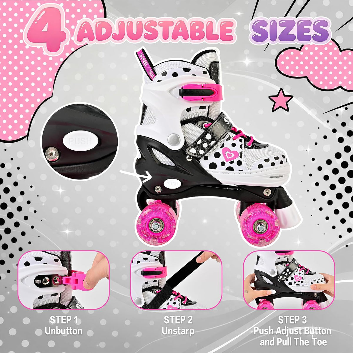 SULIFEEL Adjustable Kids Roller Skates, Light up Wheels – Fun for Kids & Family - H Dots White / Small - Little Kid - image 3