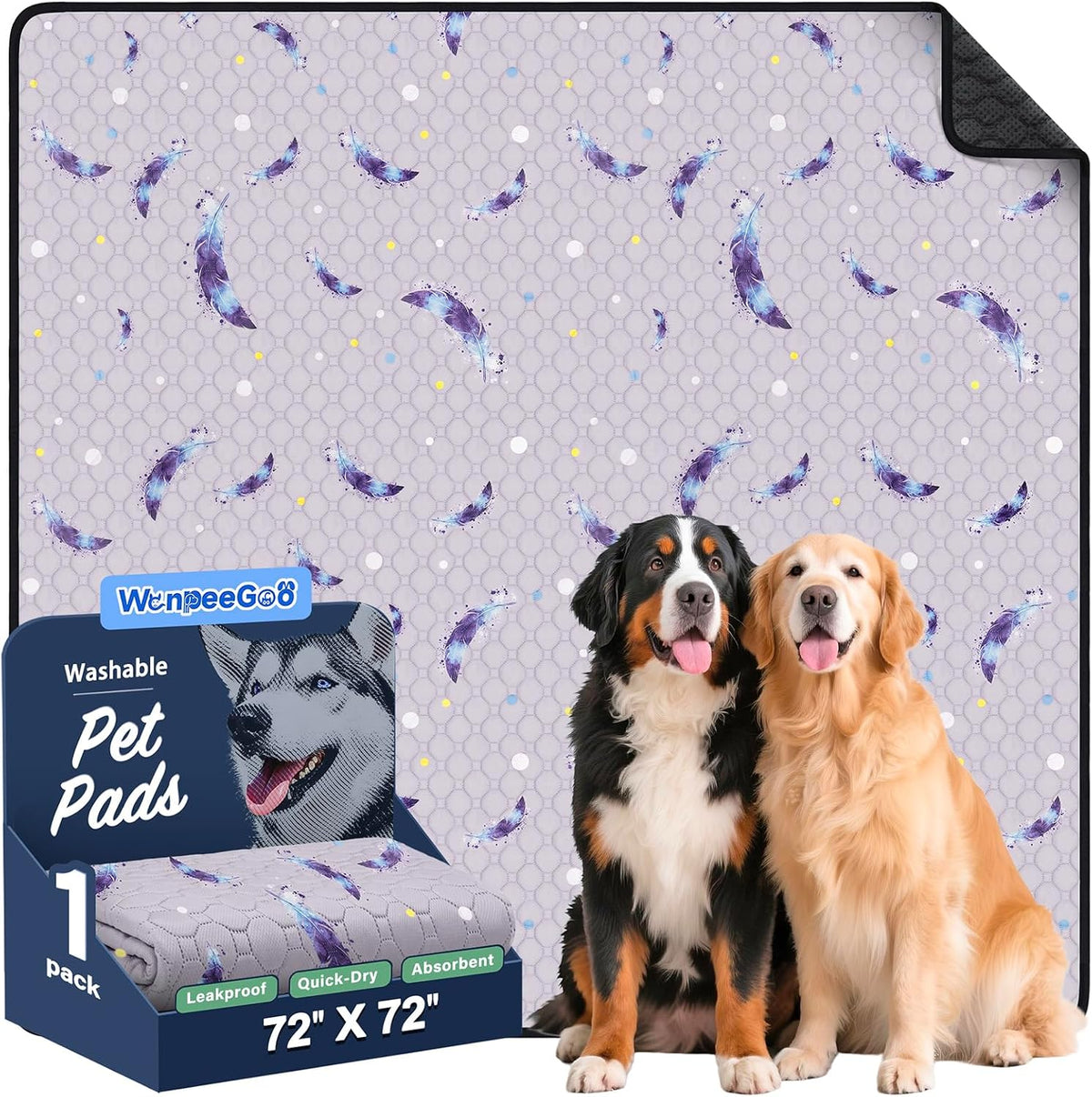 Washable Dog Pee Pads, Non-Slip Waterproof, Feather - Feather Pattern / 72"x72"(Pack of 1)