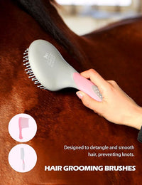 Harrison Howard Horse Grooming Kit 11-Piece Equine Care Series Horse Brush Sets with Organizer Tote Bag Tack Room Supplies Shedding Grooming Massaging Tools Pink Brushstroke Ponies