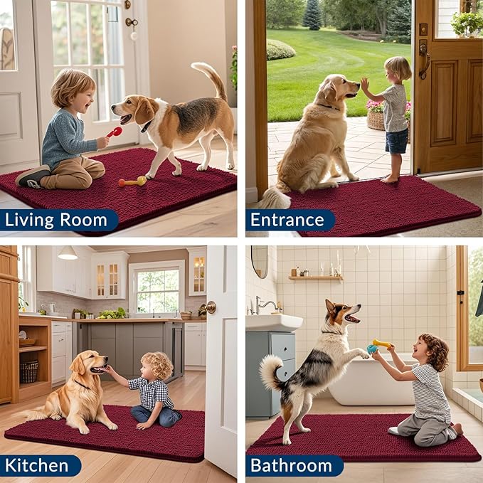 Smiry Dog Door Mat for Muddy Paws 40x32, Absorbs Moisture and Dirt Doormat, Non-Slip Washable Quick Dry Chenille Front Door Mat Indoor Entrance, Entryway Carpet for Inside Floor, Burgundy