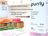 Purrly Squeezable Cat Treats Wet Healthy Interactive Hydrating Human-Grade Tuna & Salmon with Omega-3 & 6 for Skin & Coat (30 Count) Lickable Healthy Creamy Puree