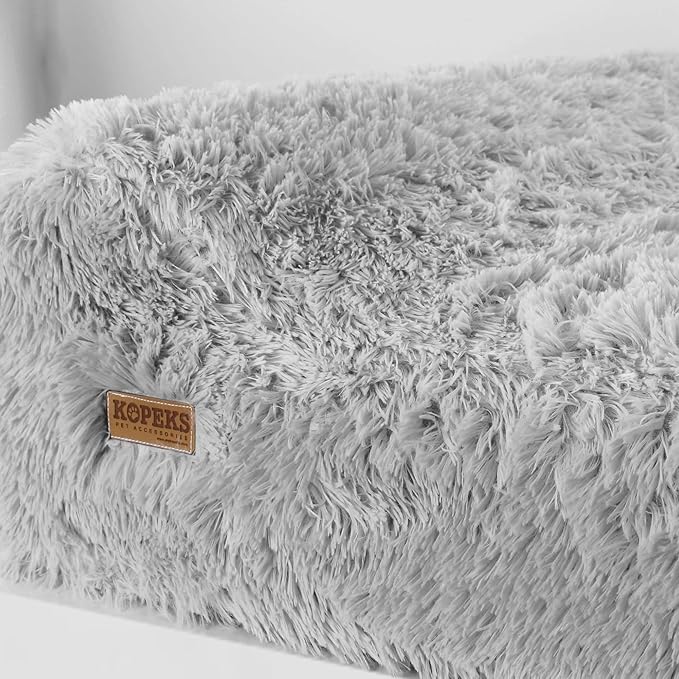 KOPEKS Orthopedic Memory Foam Dog Bed 7" Inch Thick Extra Large Dog Bed with Pillow Fluffy Grey 50"x34"x10" Includes Waterproof Liner & Durable Removable Cover with Smart Design