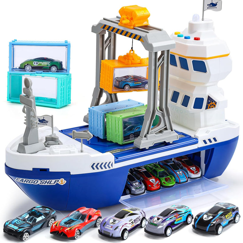 CUTE STONE cargo ship toy with gantry crane, containers and push and go cars