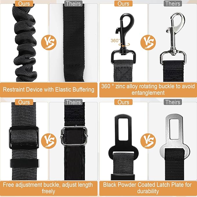 LivTee Dog Seat Belt for Car, Retractable Pet Safety Harness, Adjustable Nylon Dog Seatbelt Leash, Comfortable Dog Accessories for Vehicles (Black-2PCS)