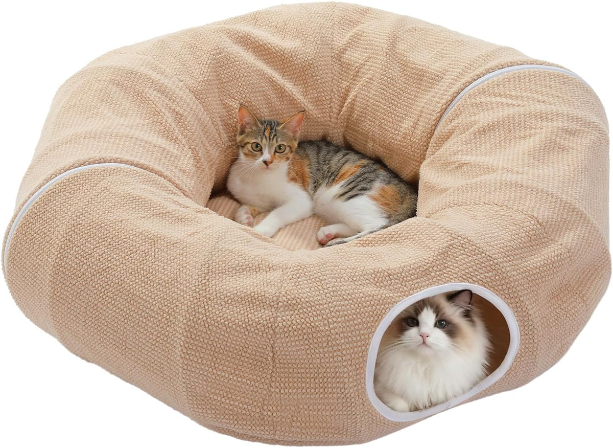 PEQULTI Beige Donut Cat Tunnel Bed Washable Plush Mat Multi for Small - New Beige
