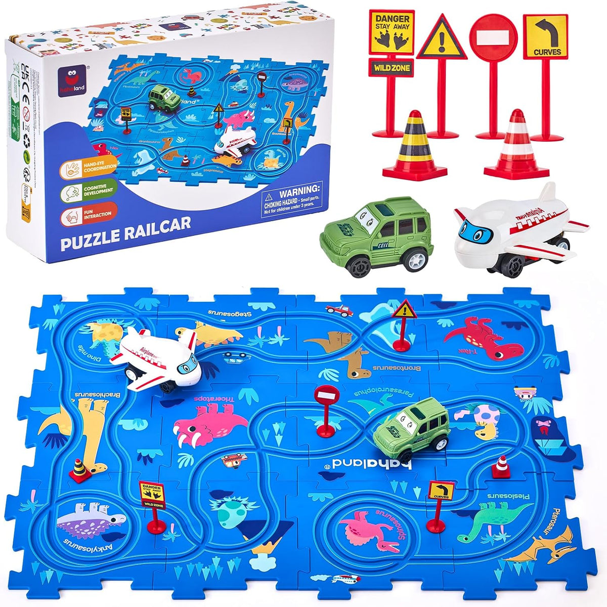 hahaland Dinosaur Puzzle Racer Car Track Set for 3+ Year Old Boys