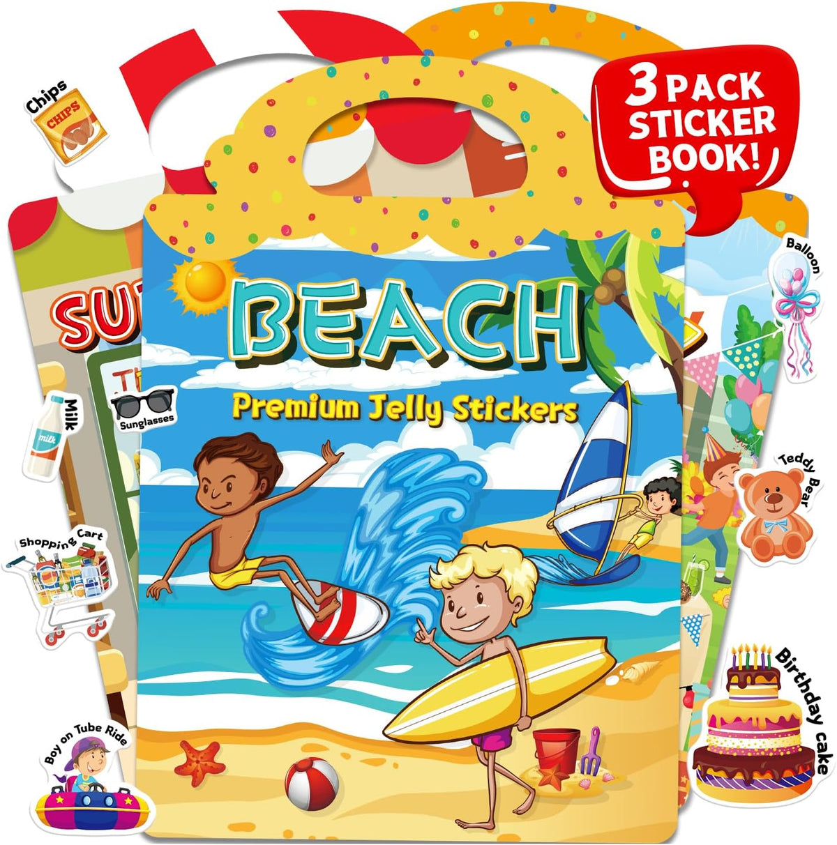 6 Sets Reusable Sticker Book for Toddlers 3-6 - Beach+Supermarket+Party