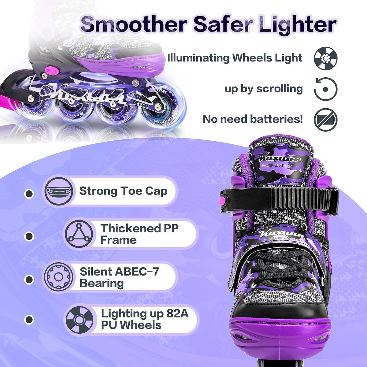 Kuxuan Boys Adjustable Inline Skates with Light up Wheels for Kids - Purple Camo / X-Large(Adult 8-10 US) - image 3