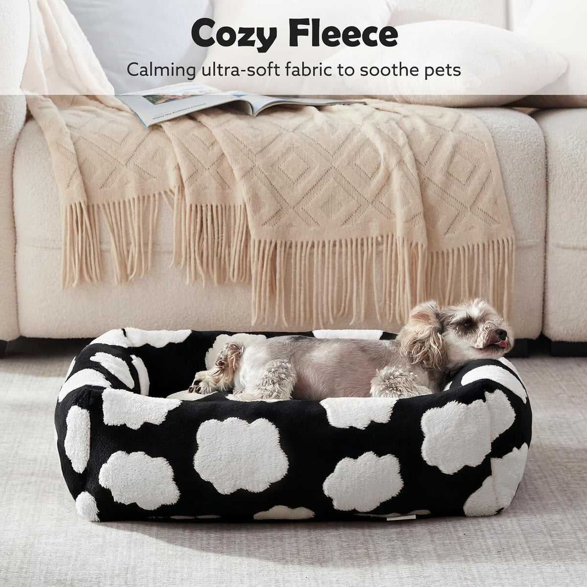 JOEJOY Cute Dog Bed Medium Size Dog - Cozy Clouds Black / M (30"x24"x8") - image 4