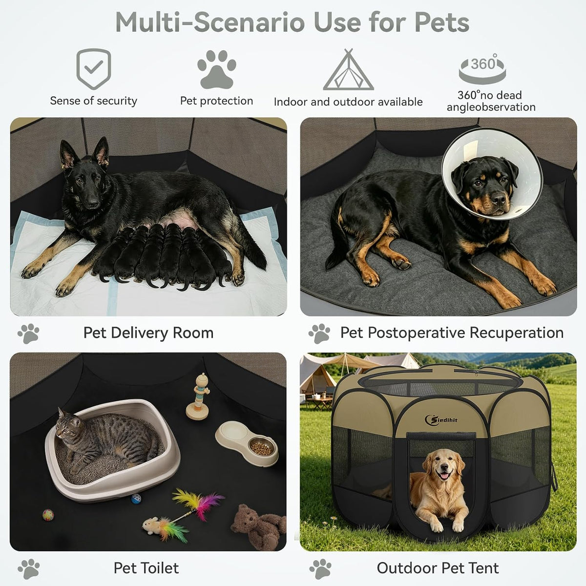 Siedihit Dog Cat Playpen, Puppy Pet Playpen Indoor for Small Dog Crate Tent Cage Outdoor, Portable - Black Khaki / Extra Large - image 3