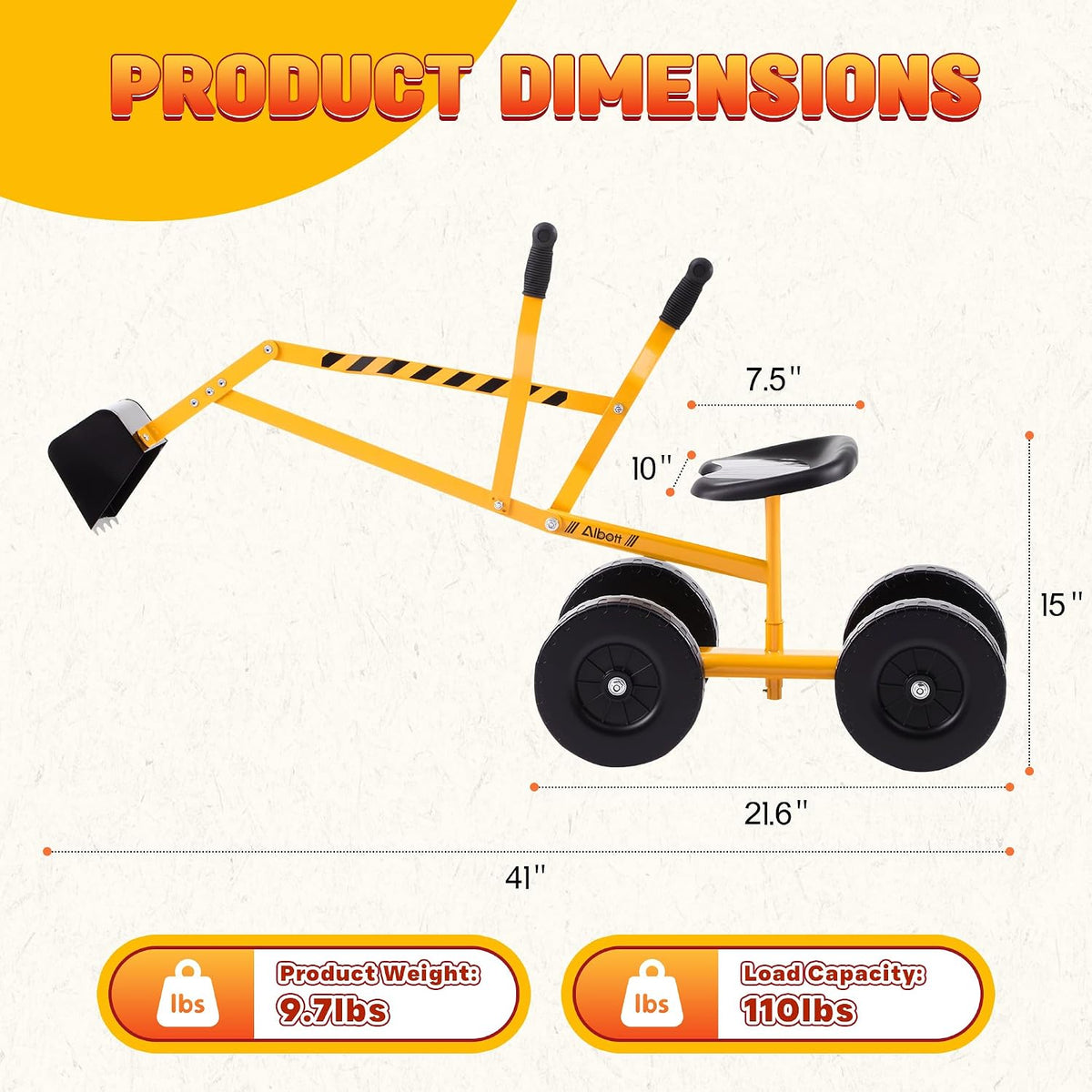 Albott Kids Ride-On Sand Digger Excavator Toy with 8-Inch Wheels – Fun for Kids & Family - Yellow - image 3