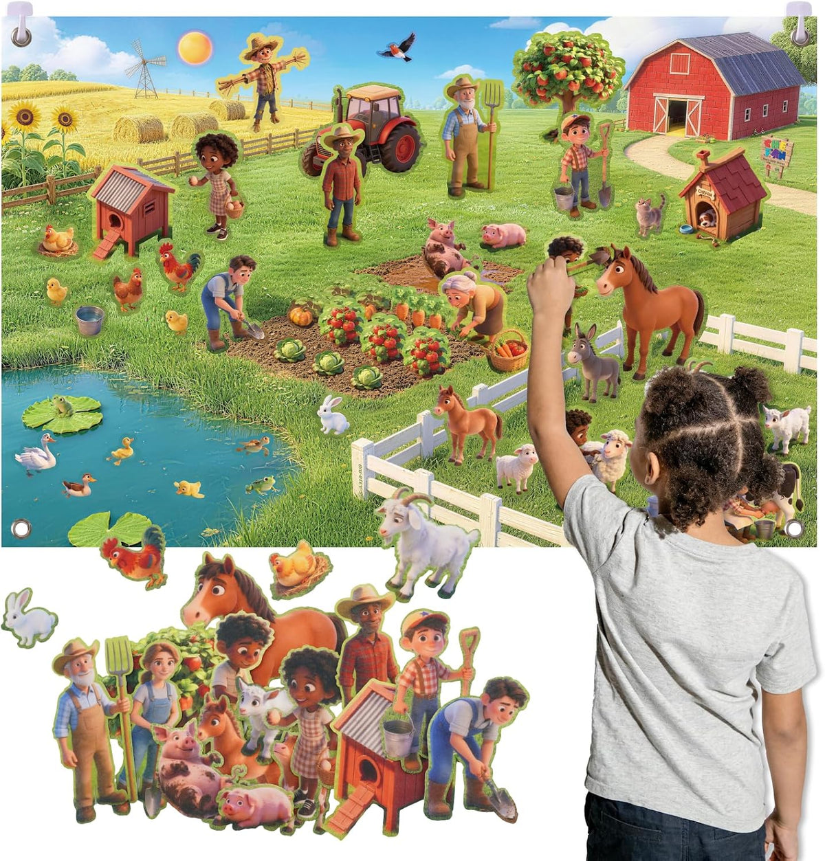 CHEFAN farm animals felt story board set with barn, tractor, cows, sheep and pond pieces - view 2