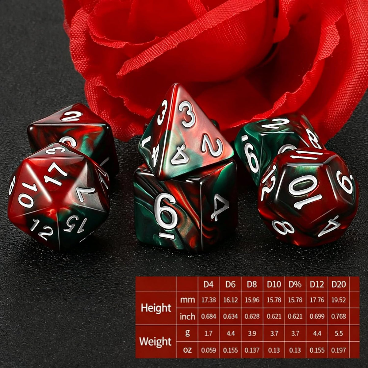 QMAY DND Dice Set - 7Pcs Blue Mix White Polyhedral Dice with Black Dice Bag – Fun for Kids & Family - Red and Green - image 2