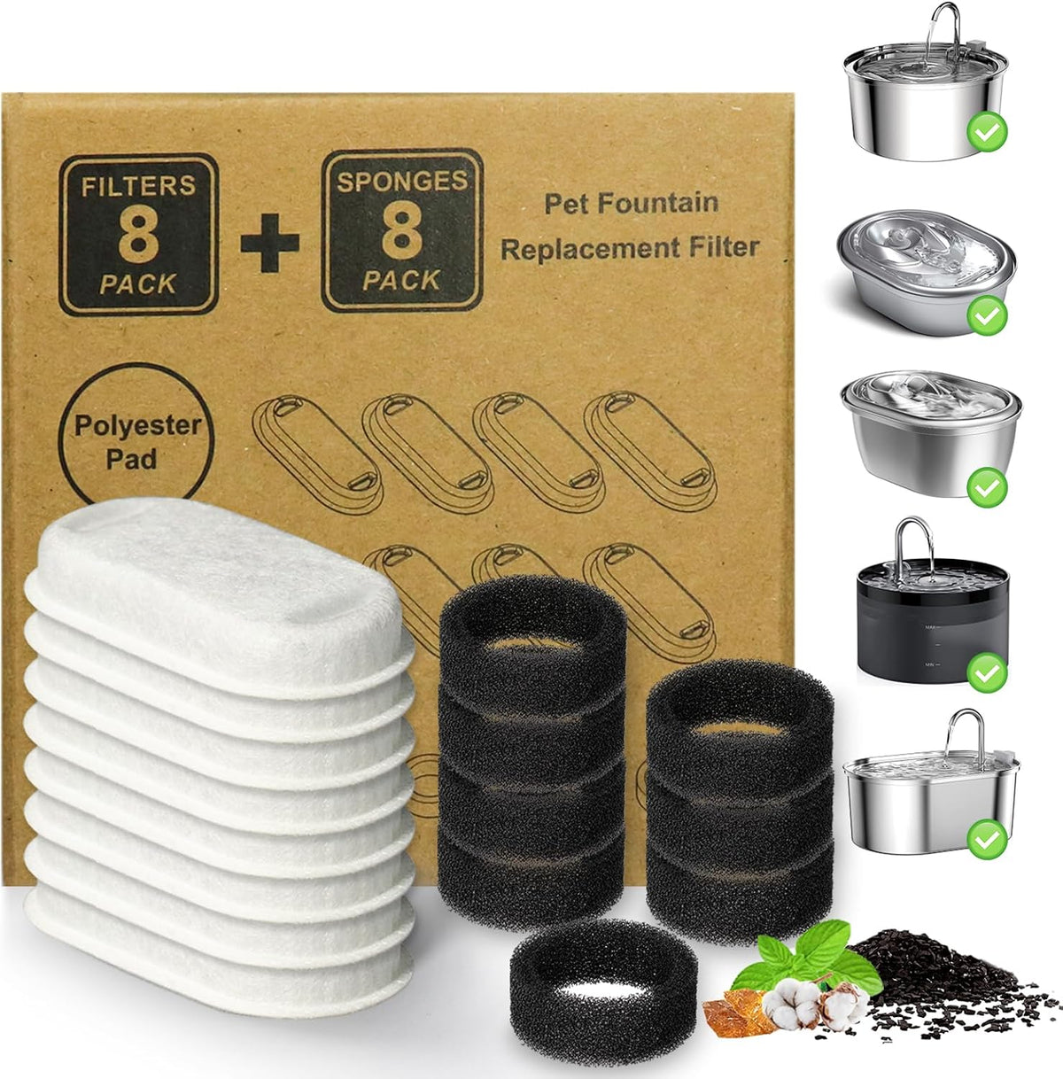 Cat Water Fountain Filter 16Pcs Fit 101oz/3L Stainless Steel Pet - 8 Filters+8 Sponges (4 Month Supply)