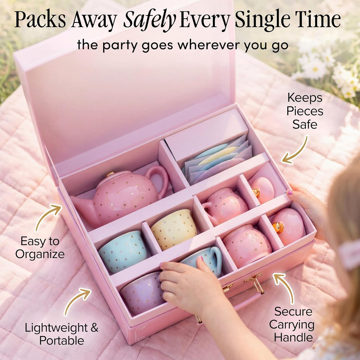 Giggle & Honey white floral tea party set for girls with porcelain teapot, cups and carrying case - view 20