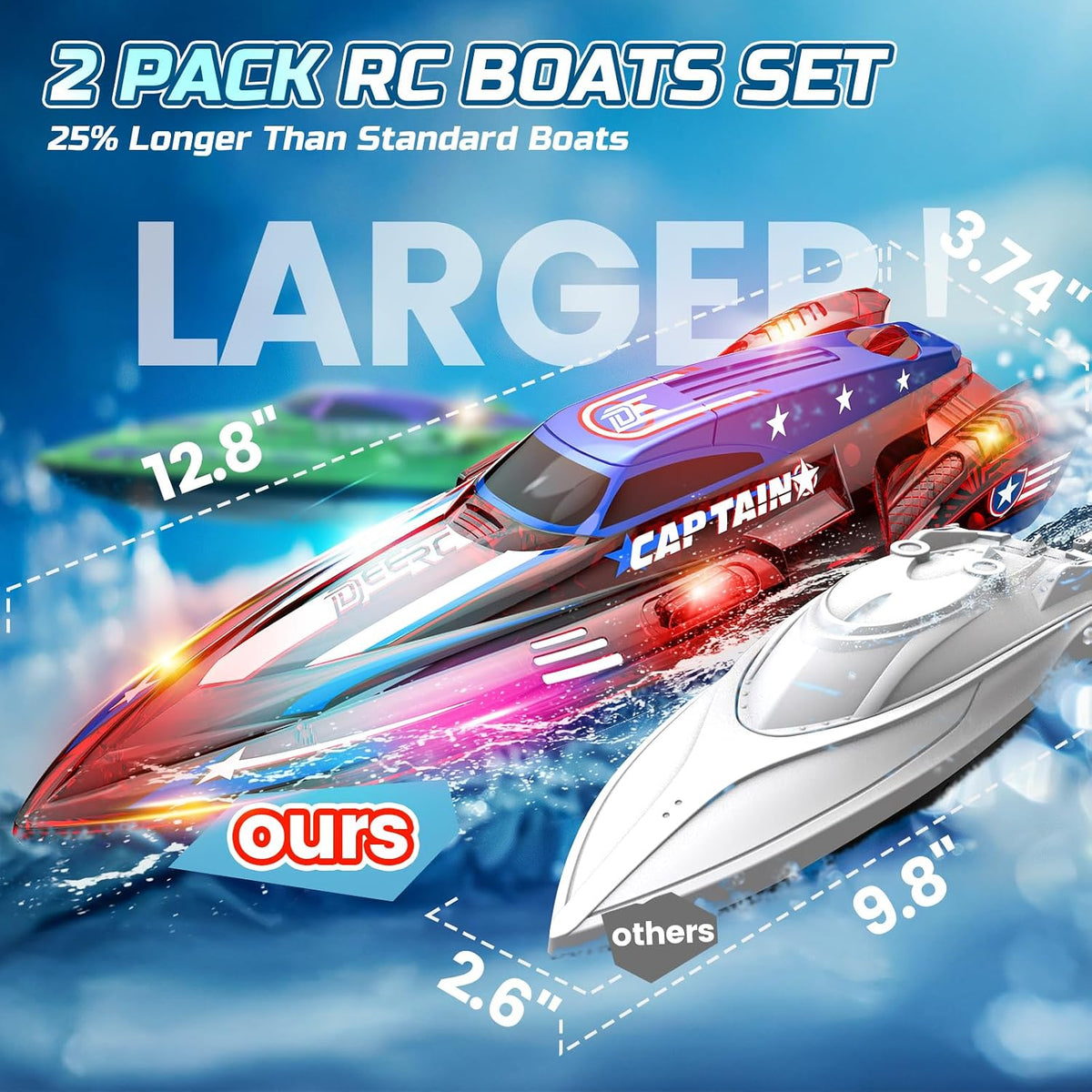 DEERC 2-pack remote control boats for kids with LED lights in green and red, white, blue - view 2