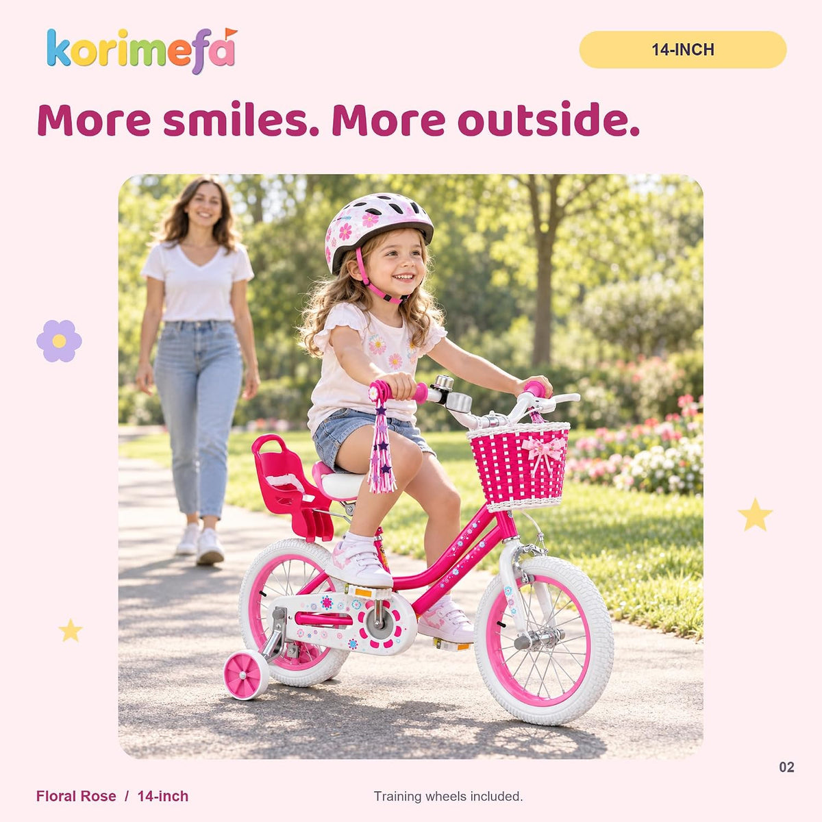 KORIMEFA girls bike with training wheels, basket and streamers in Rose Red - view 6