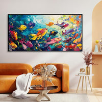 School of Fish Printed Canvas Wall Art – Framed Abstract Ocean Print – Vibrant Fish Wall Decor for Living Room, Bedroom, Office (Gold Framed, 55"x27"|140x70cm)