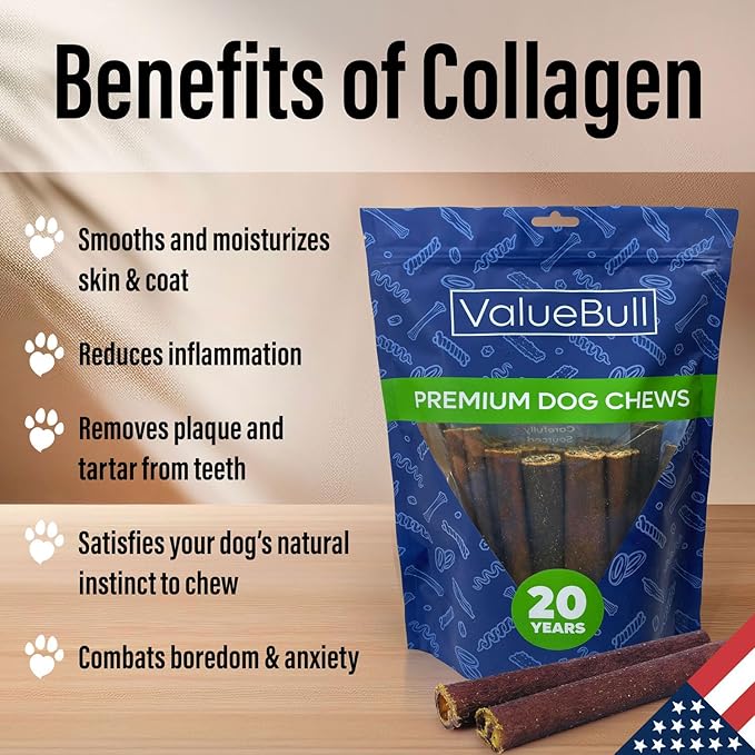 ValueBull USA Collagen Sticks for Dogs, 6 Inch Jumbo Chews, Natural Long-Lasting Dog Treats, 200 Count Bulk Pack - Promotes Joint, Skin & Coat Health with Glucosamine and Chondroitin