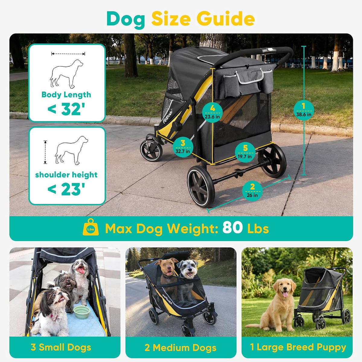 Petbobi Dog Stroller for Large Medium Dogs up to 80 lbs - Black&Yellow - image 2