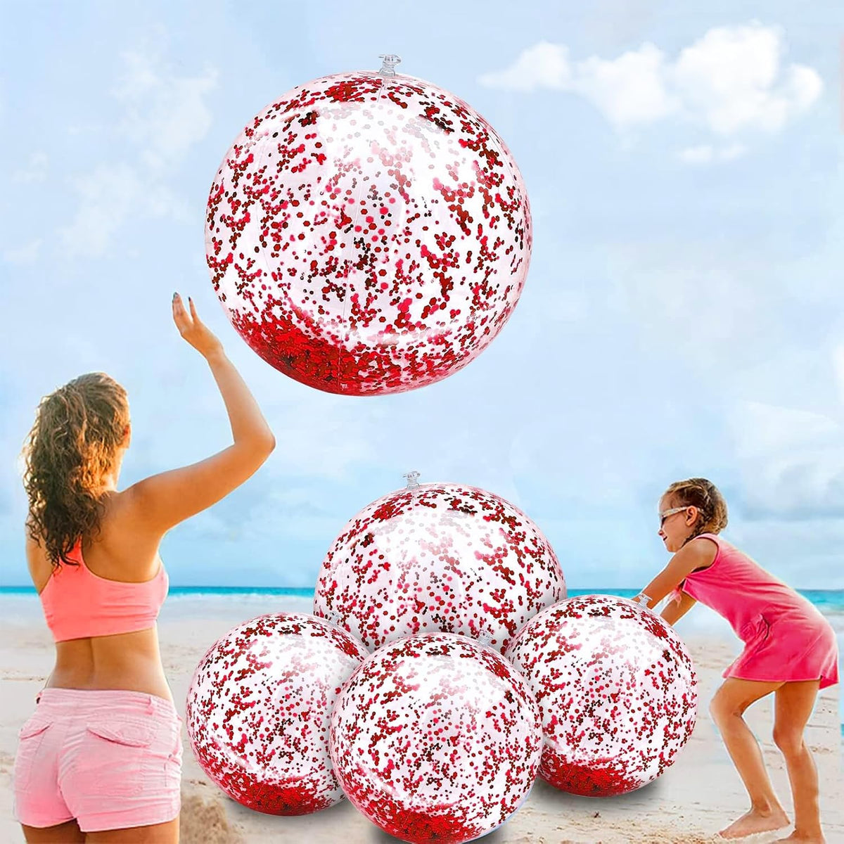 TURNMEON 5 Pack Sequins Beach Balls 16 Inch 24 Inch Pool Party - Red / 2 pcs 24inch+3 pcs 16inch - image 2