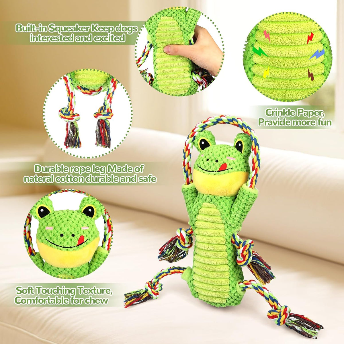 Letsmeet Plush Dog Toy with Crinkle Paper and Ropes - Green - image 2