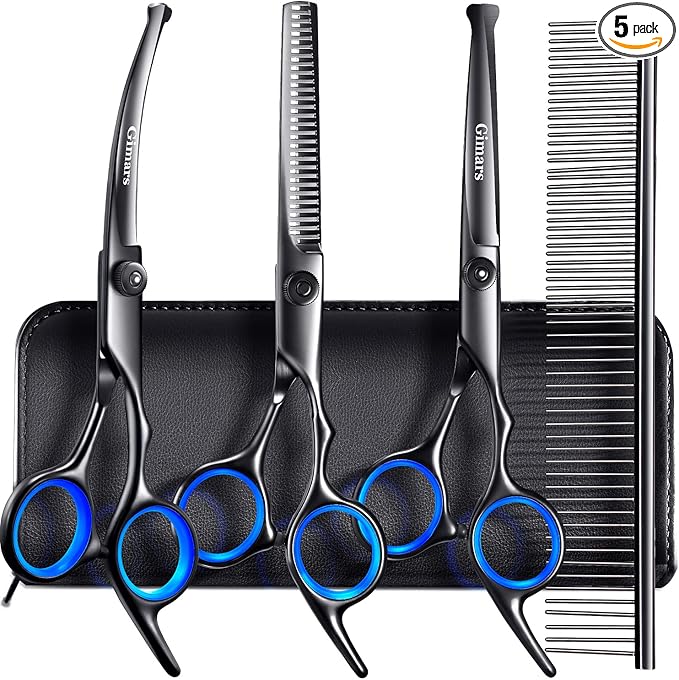 Gimars Dog Grooming Scissors Kit Professional 4CR with Safety Round Tip, 5 in 1 Heavy Duty Titanium Coated Thinning & Curved & Straight Shears