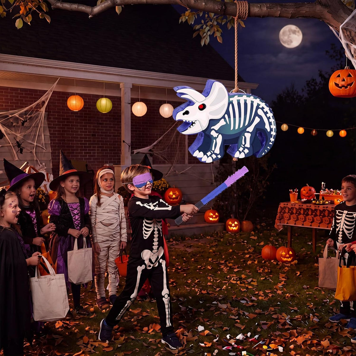 Aoriher Halloween skull piñata with bat stick, blindfold and square confetti - view 23